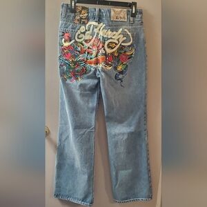 Ed Hardy Blue Denim Baggies with Multicolor Dragon Design And Flared Legs. Sz 28